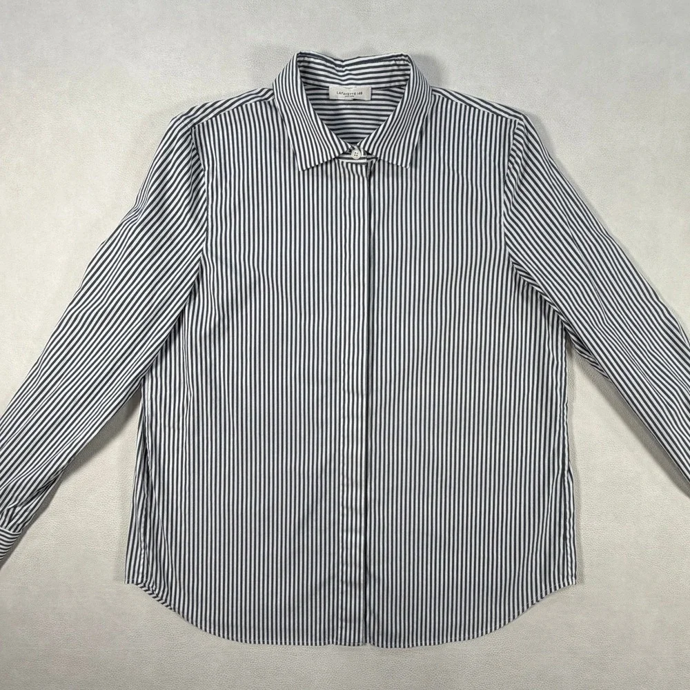 Lafayette 148 New York Womens Navy White Striped Button Down Shirt Large - Picture 8 of 16